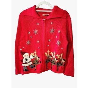 Red Christmas sweater sz S Santa and his Reindeer zip up sweater